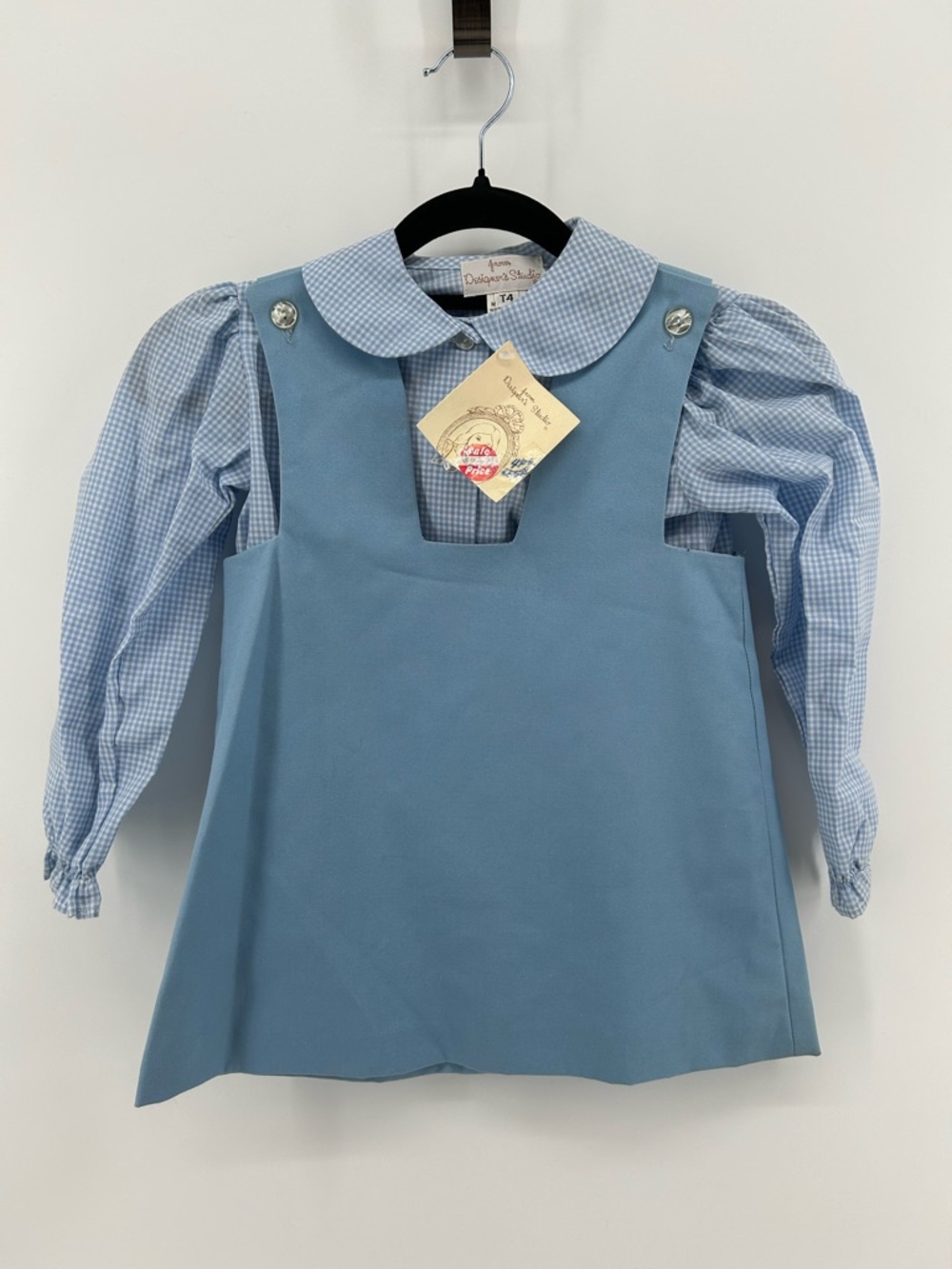 VINTAGE Light Blue Girls Pinafore Dress with Gingham Blouse